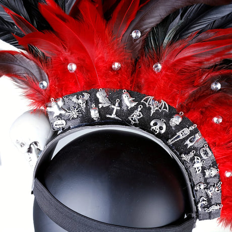 Gothic Punk Rock Skull Spider Mohawk Headband with Rhinestones Halloween Feathered Costume