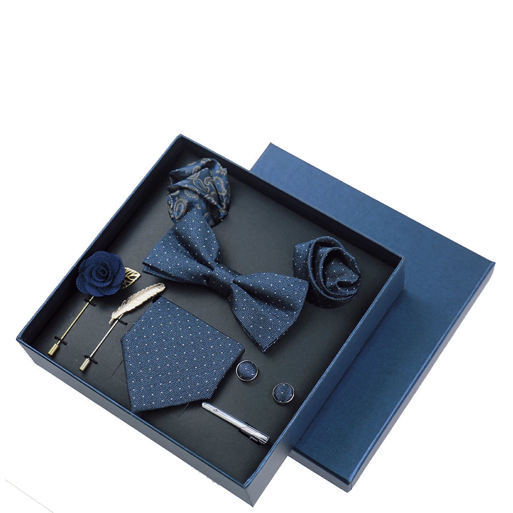 Men's 8pcs Tie Set Wedding Cravat Silk Bowtie Pocket Square Cufflinks Brooch Box Set Gifts For Men