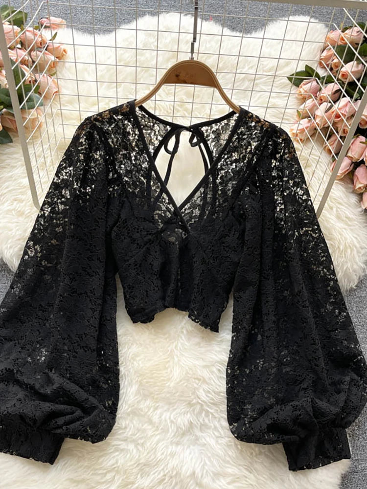 Lace Crop Top Black/White/Brown Long Lantern Sleeve