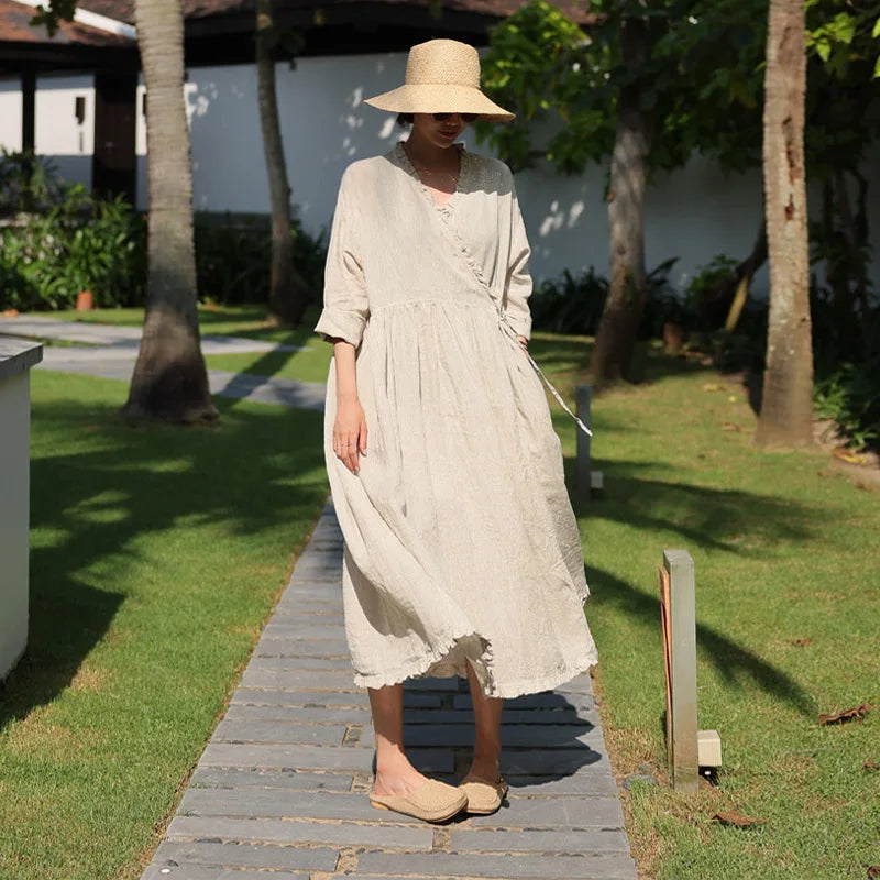 Evie's Vintage French Style Cotton Linen Dress Long Sleeveless Loose Wrap