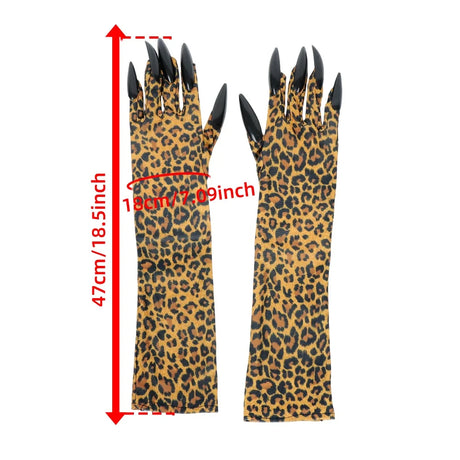 Leopard Print Long Gloves with Claws Halloween Costume Gloves