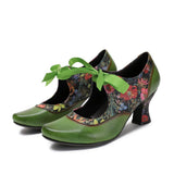 Sarah's Genuine Leather Green Pumps Heels Ribbon Lace Tie Shoes