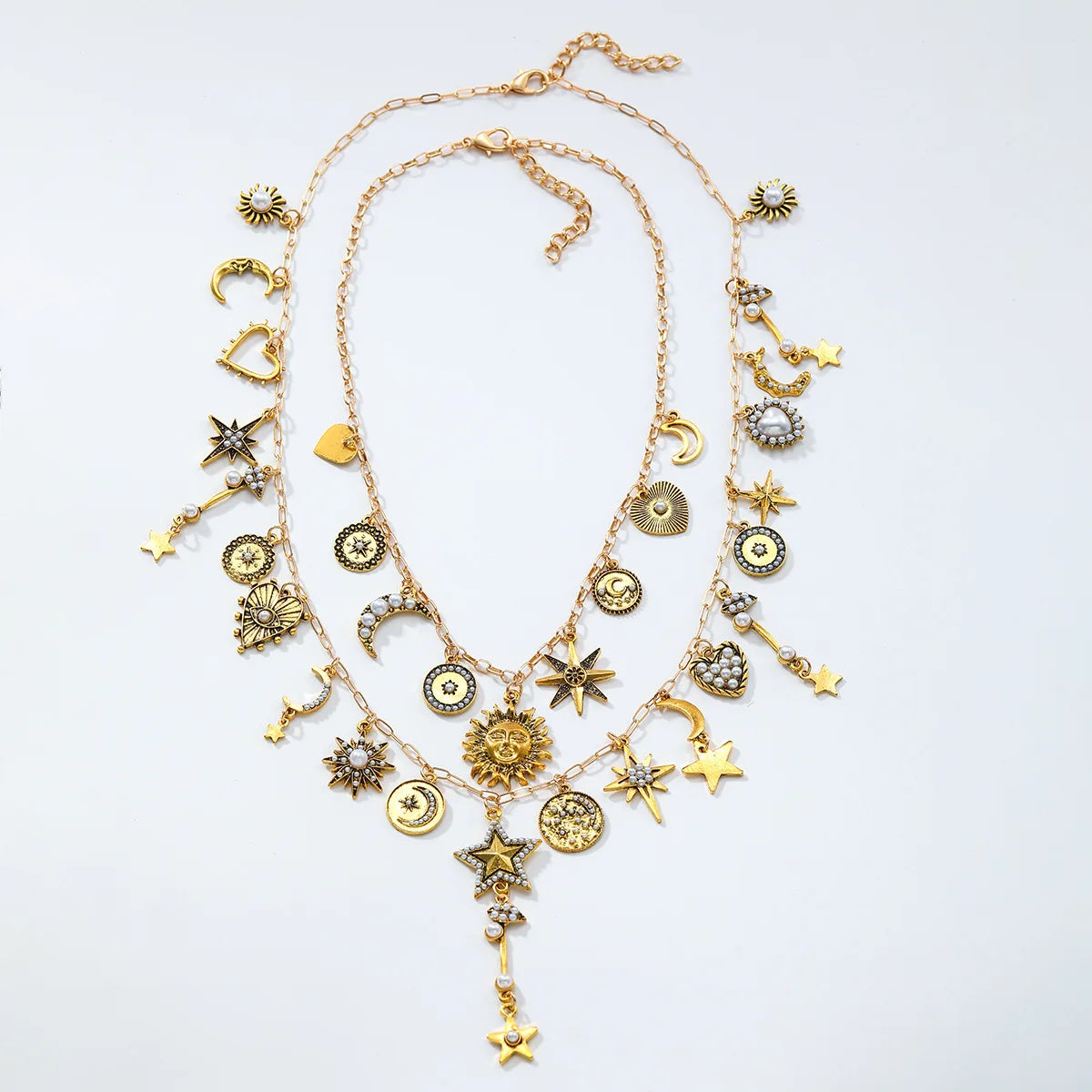 Celestial Charm Sun Flower Stars Moon Heart Charms Multi Layered Necklaces