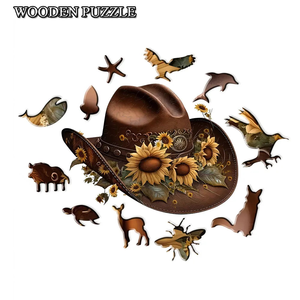 Sunflower Cowboy Hat Wooden Jigsaw Puzzle Irregular Animal Shaped Pieces
