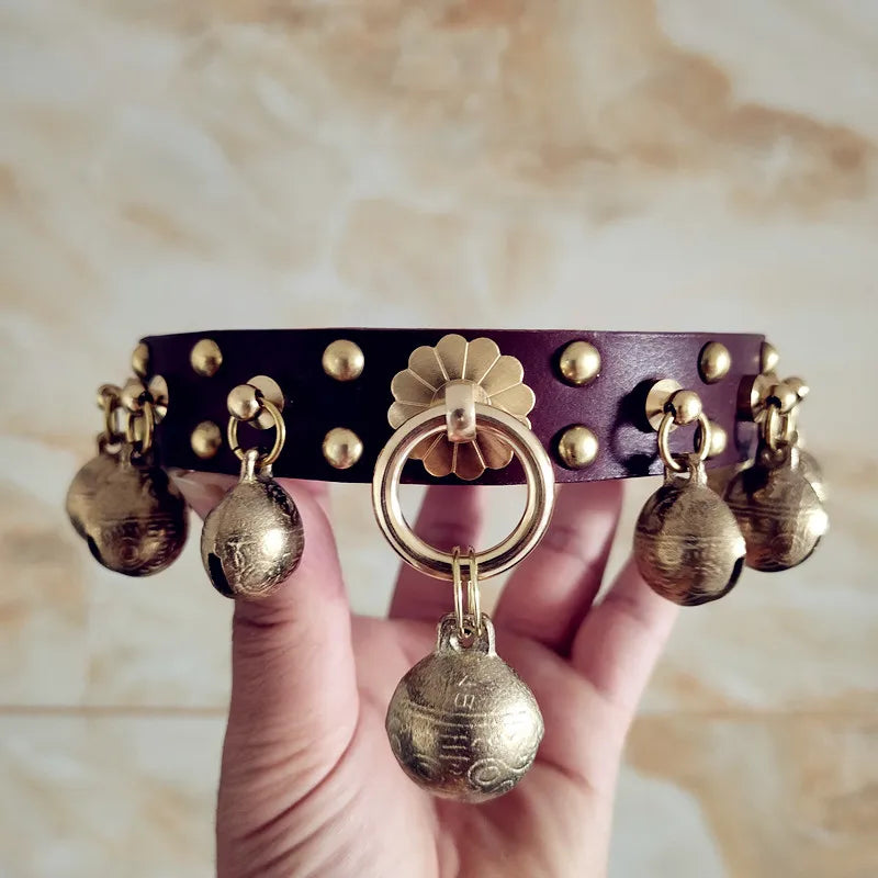 Barone Bettino's Handmade Dog Collar Brass Bells Genuine Leather
