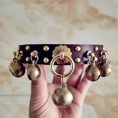 Barone Bettino's Handmade Dog Collar Brass Bells Genuine Leather