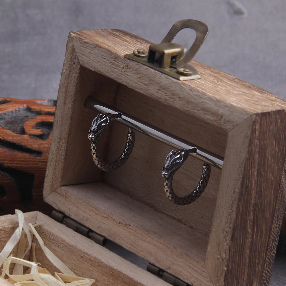 Viking Dragon Head Huggie Stainless Steel Men Hoop Earrings with Wooden Box