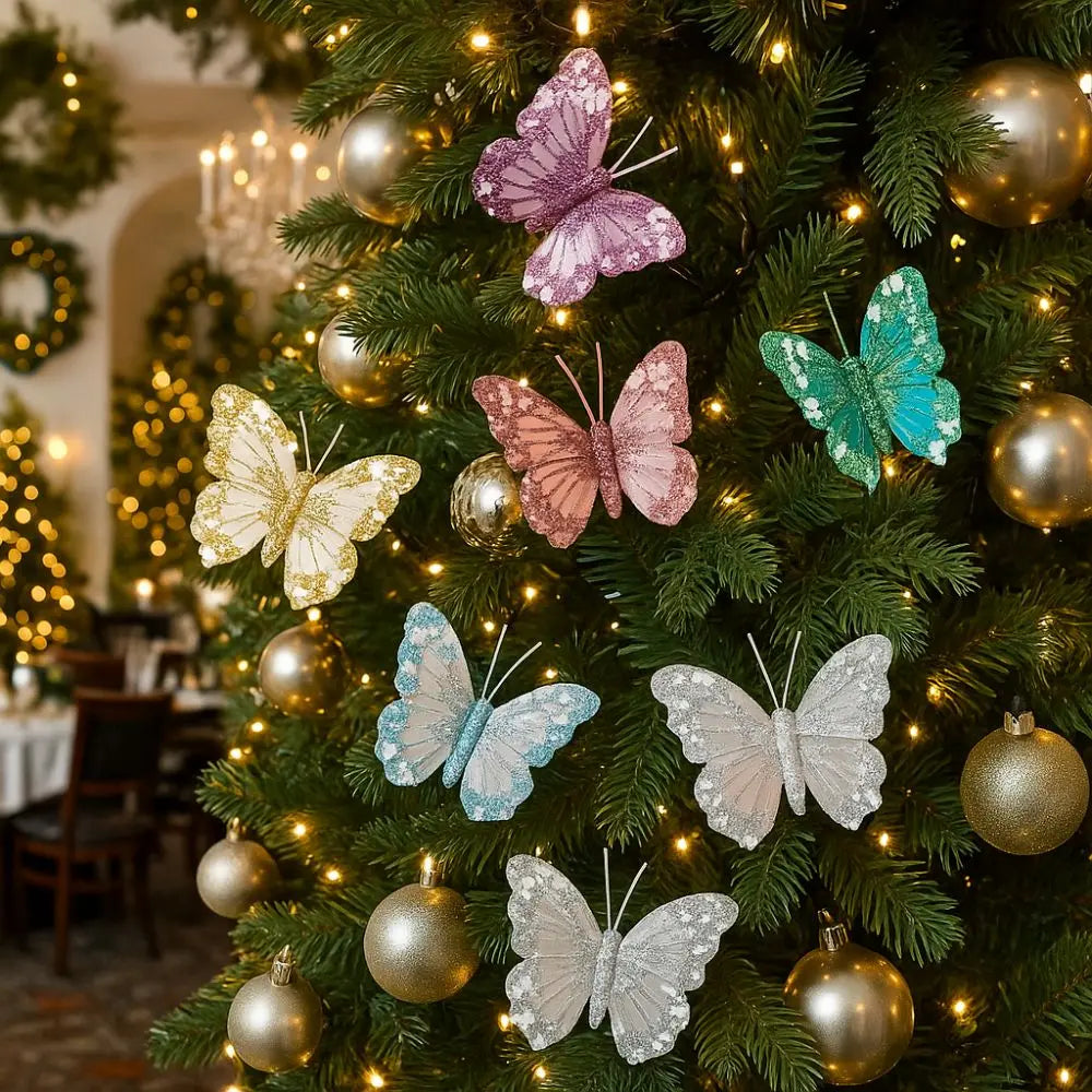 Glitter Christmas Butterflies Ornaments Sparkling Christmas Tree Decorations with Clips