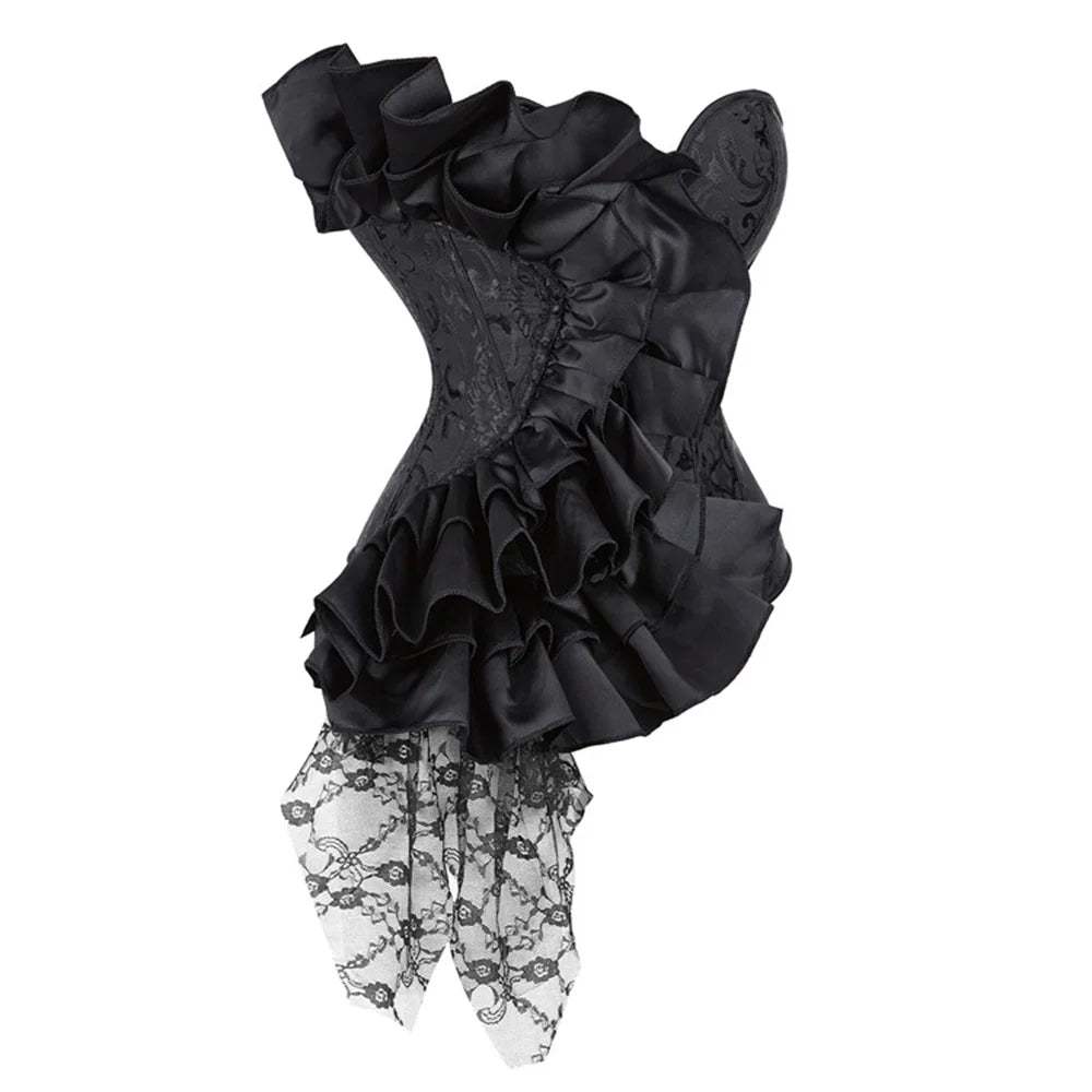 Lady Cataline's Black Ruffled Lace Gothic Overbust Corsets