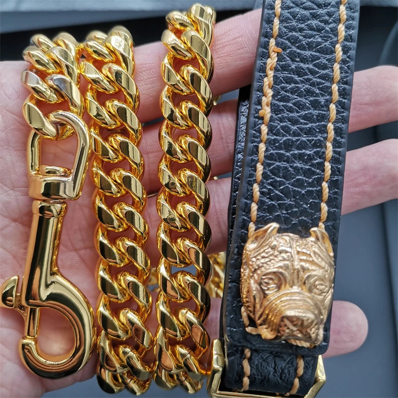 French Bulldog Dog Leash 14mm Cuban Chain Genuine Leather Stainless Steel Pet Accessories