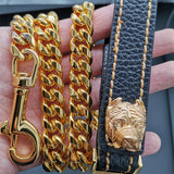 French Bulldog Dog Leash 14mm Cuban Chain Genuine Leather Stainless Steel Pet Accessories
