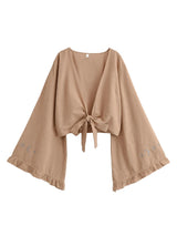 Boho Star Moon Embroidered Short Kimono Wrap Top Ruffled Flare Sleeves Cover-ups
