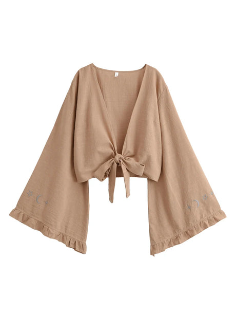 Boho Star Moon Embroidered Short Kimono Wrap Top Ruffled Flare Sleeves Cover-ups