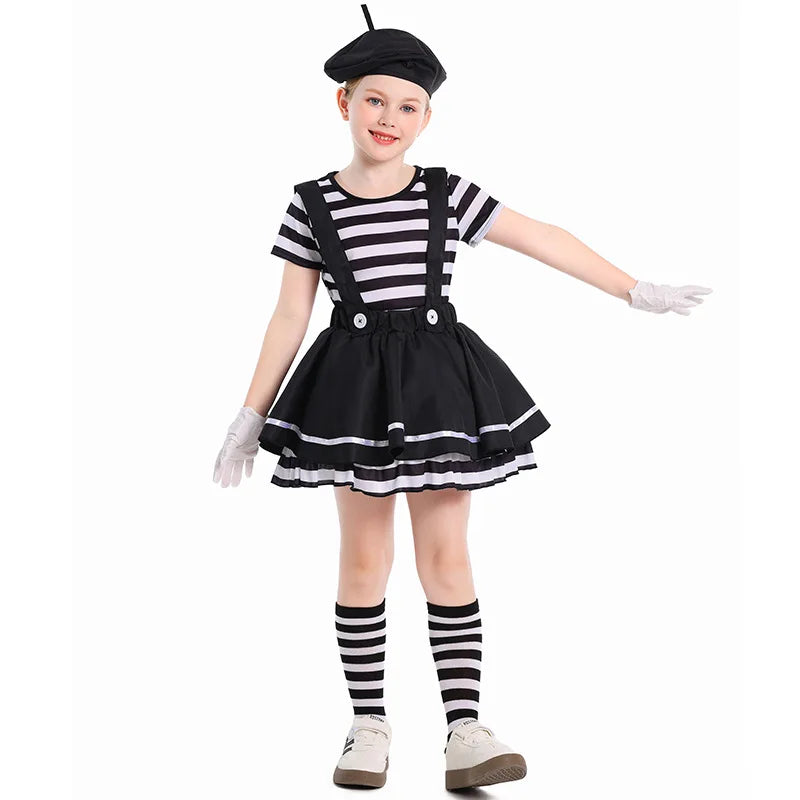 French Mime Pantomime Actor Clown Halloween Girls Stage Performance Costume Outfits Top+Strappy skirt+Hat+Gloves