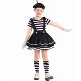 French Mime Pantomime Actor Clown Halloween Girls Stage Performance Costume Outfits Top+Strappy skirt+Hat+Gloves