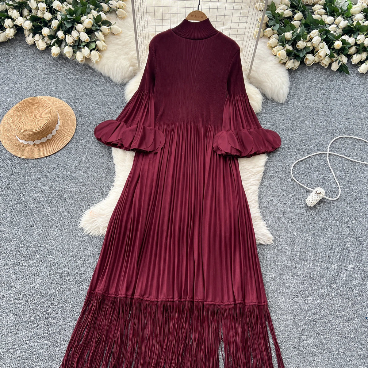 Petal Sleeves Pleated Tassel Dress Eight Colours