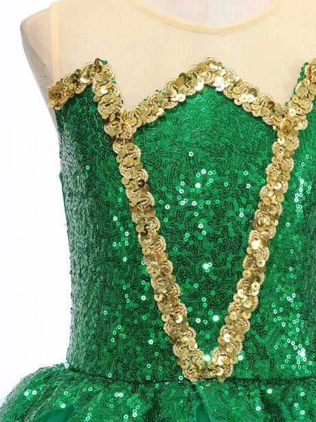 Royal Elf Green Sequins Girls Ballet Dance Dress Tutu Gymnastics Leotard Figure Skating Dance Performance Costume
