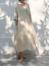 Evie's Vintage French Style Cotton Linen Dress Long Sleeveless Loose Wrap