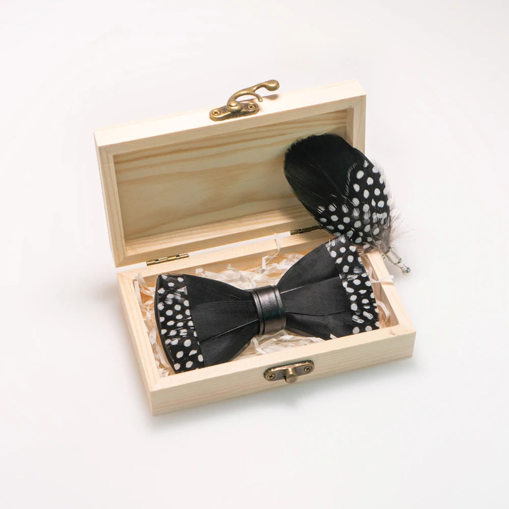 Italian Geometric Feather Bow Tie and Lapel Pin Wooden Box Sets