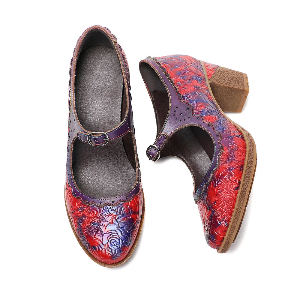 Sally's Embossed Genuine Leather Red Pump Heels Shoes