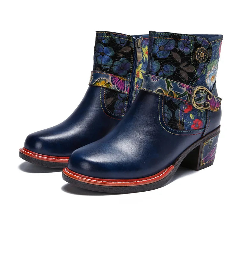 Violet's Floral Boots Genuine Leather Hand-painted Short Boots