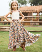 Girls Floral Bow Ruffle Edge Photoshoot Worthy Maxi Dress for 4-12 Years