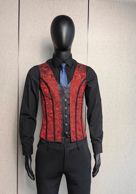 Men's Red Jacquard Boned Waistcoat Corset Vest Lace Up Burlesque Performance Stage Costume