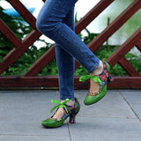 Sarah's Genuine Leather Green Pumps Heels Ribbon Lace Tie Shoes