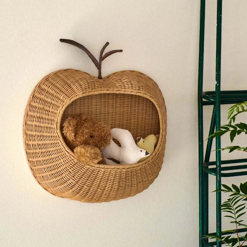 Handwoven Fruit Shape Wall Basket Apple Pear Wall-Mounted Storage Childrens Room Decor