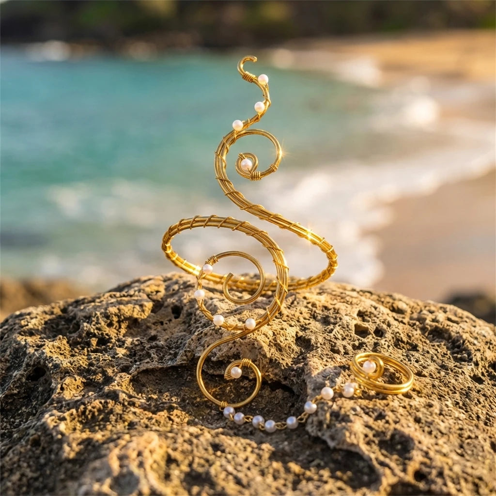 Spiral Gold Arm Cuff & Finger Chain Set with Pearls Adjustable Hand Jewellery Festival Accessories