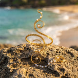 Spiral Gold Arm Cuff & Finger Chain Set with Pearls Adjustable Hand Jewellery Festival Accessories
