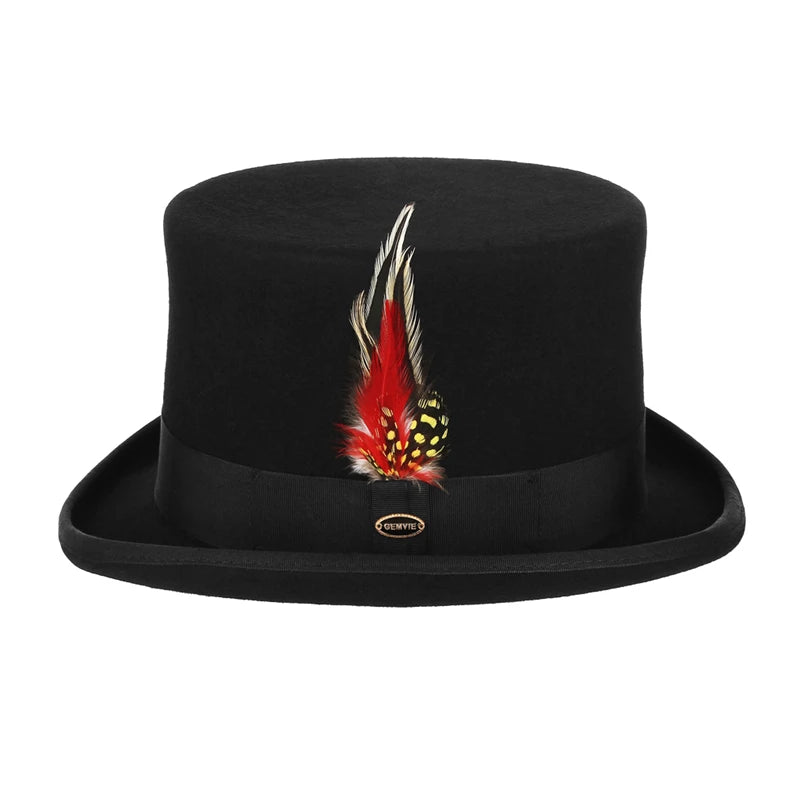 100% Wool Felt Short Top Hat With Feather
