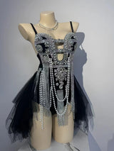 Material Girl Silver Rhinestones Tassel Bodysuit Nightclub Stage Wear Singer Stage Performance Costume