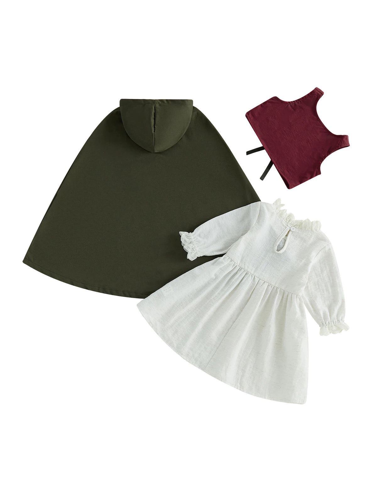 Medieval Woodland Kids Girls Costume Long Sleeve Lace Trim Dress with Vest Cloak Cosplay Outfit Set