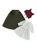 Medieval Woodland Kids Girls Costume Long Sleeve Lace Trim Dress with Vest Cloak Cosplay Outfit Set