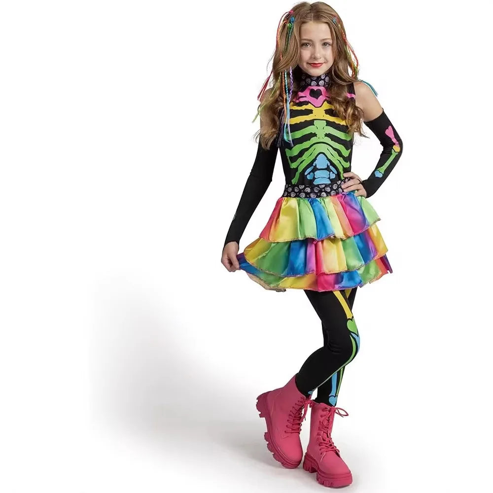 Neon Rainbow Skeleton Costume Tutu Dress Set Halloween Fancy Dress Day of The Dead Carnival Cosplay Party