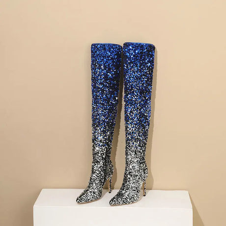 Galaxy Thigh High Boots Gradient Sequin Stretch Boots 11CM Heels