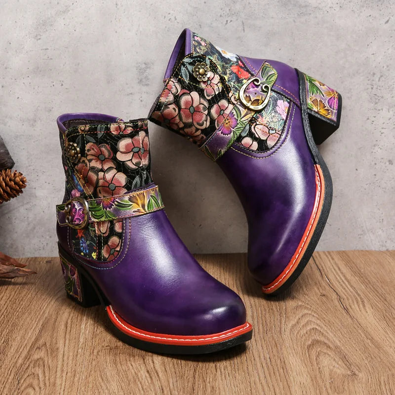 Violet's Floral Boots Genuine Leather Hand-painted Short Boots