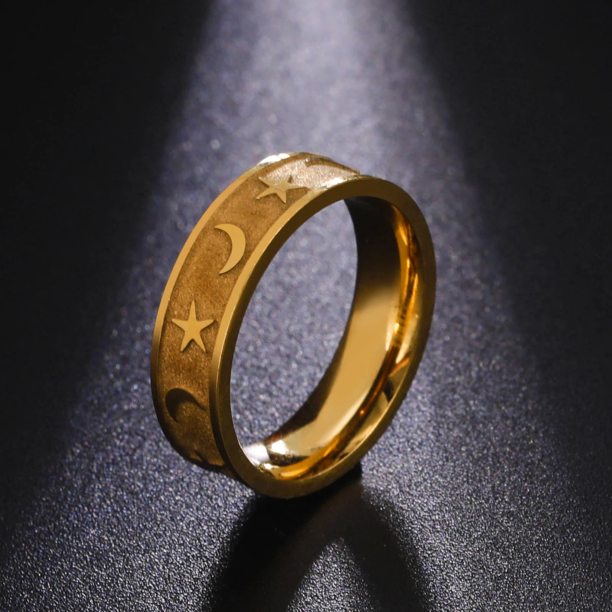 Boho Moon Star Ring Matte Gold Colour Stainless Steel Band Rings