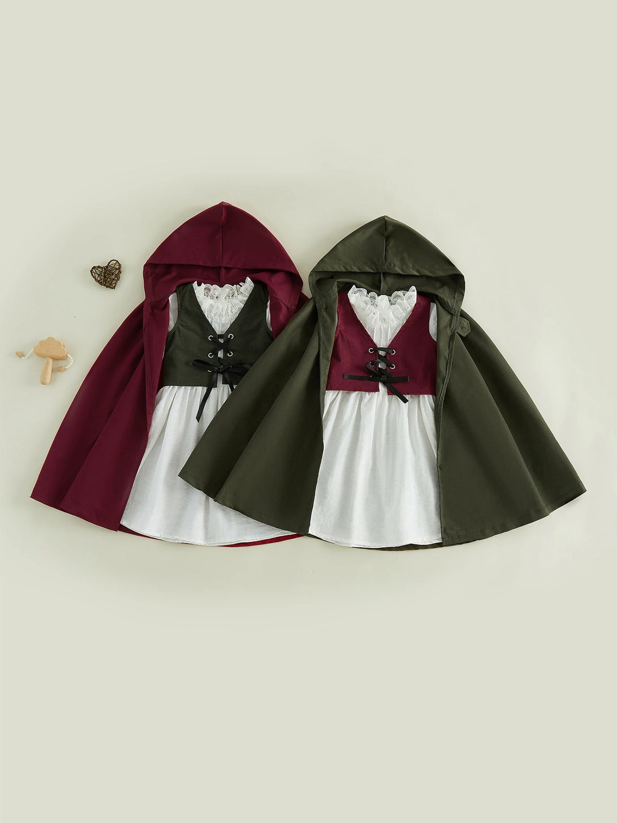 Medieval Woodland Kids Girls Costume Long Sleeve Lace Trim Dress with Vest Cloak Cosplay Outfit Set