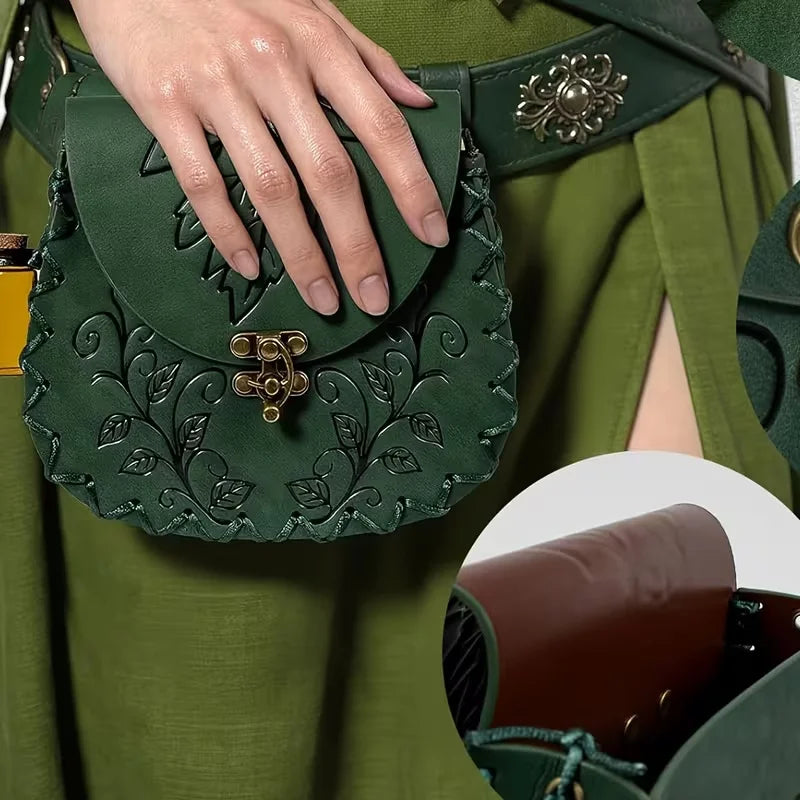 Medieval Leaf-Patterned Embossed PU Leather Waist Bag Forest Belt Pouch Renaissance Costume Accessories Cosplay Props