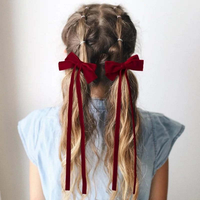 1 Pair Long Velvet Ribbon Bow Hairpins Hair Clips Barrettes