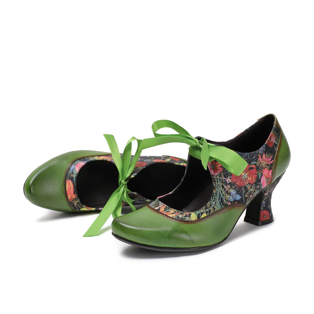 Sarah's Genuine Leather Green Pumps Heels Ribbon Lace Tie Shoes