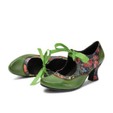 Sarah's Genuine Leather Green Pumps Heels Ribbon Lace Tie Shoes
