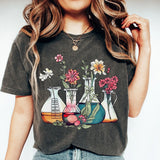 Floral Beakers Chemistry Lab Scientist T-Shirt Biology Teacher Cotton Tee