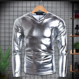 Men T-shirt Glossy Solid Long Sleeve Tops Nightclub Party Performance Wear