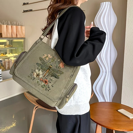 Dragonfly Print Canvas Shoulder Bag Crossbody Messenger Bag