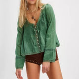 Y2K Boho Long Sleeve Lace Patchwork Button-down Tops 100% Cotton