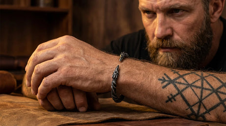 Stainless Steel Nordic Viking Norse Raven Cuff Bangle Mens Gift with Wooden Box