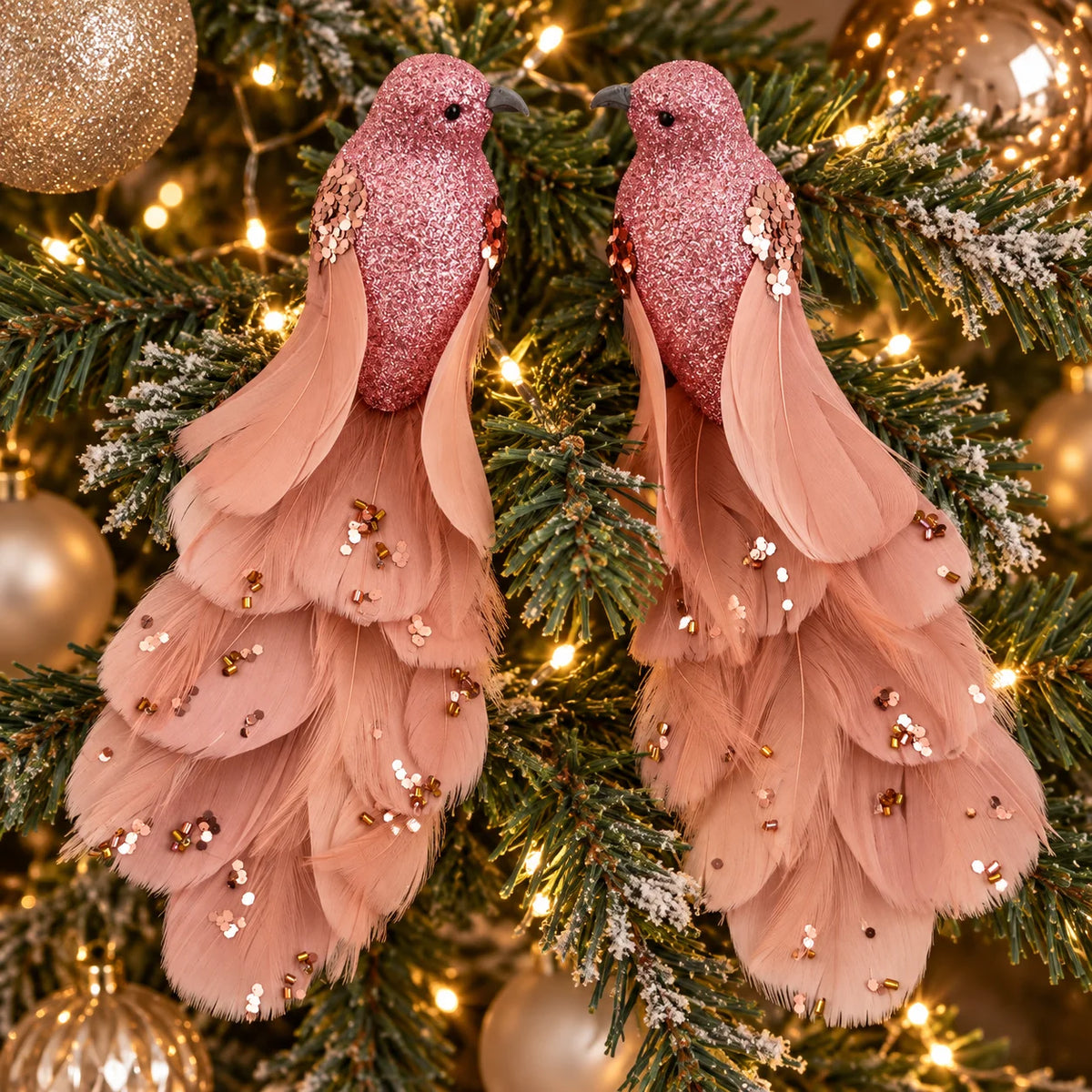 Pink Feather Birds 2PCS Christmas Bird Ornaments Christmas Tree Clips